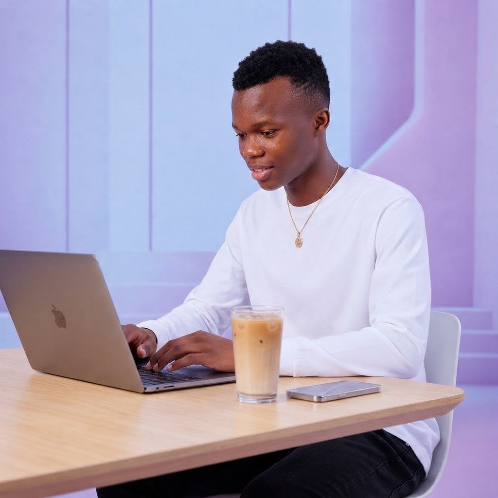 A NexMint member working on task submissions from his laptop